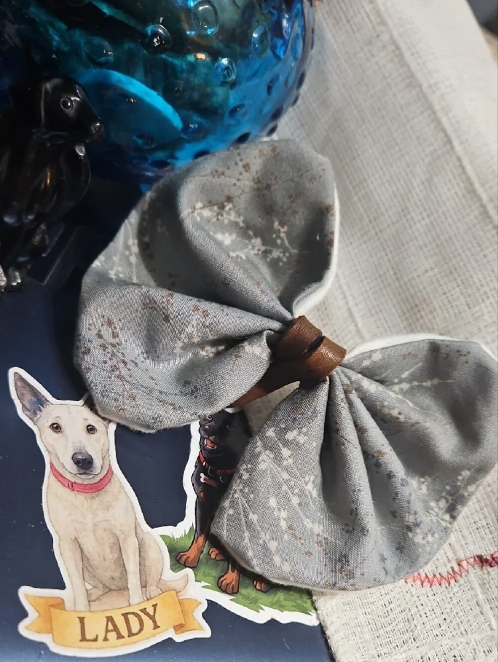 Handcrafted Gray Floral And Brown Leather Knot Bow Pet Collar Accent NEW